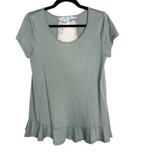 New She + Sky Green Large L Lace Open Back Ruffle Detail Short Sleeve Top Tee